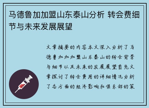 马德鲁加加盟山东泰山分析 转会费细节与未来发展展望