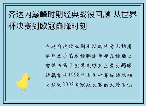 齐达内巅峰时期经典战役回顾 从世界杯决赛到欧冠巅峰时刻